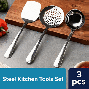 bb home Stainless Steel Kitchen Tools - Turner + Skimmer + Ladle, Hammered, 3 pcs