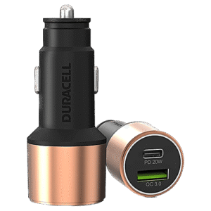 Duracell 38W Fast Car Charger Adapter - Dual Output, Type C PD 20W, 3.0 For Smartphones,Tablets, Copper & Black, 1 pc