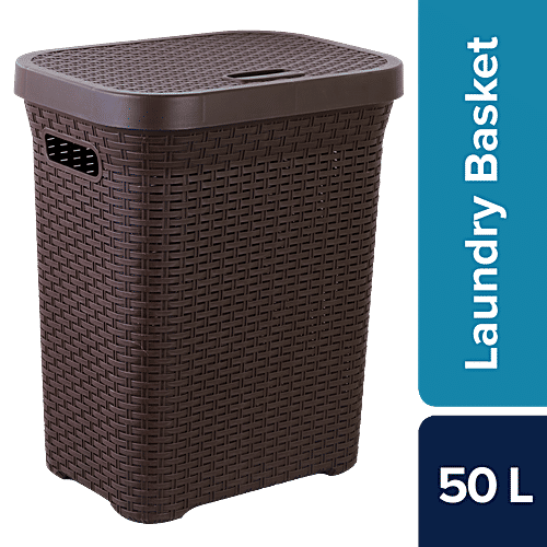bb home Laundry Basket - With Lid, Plastic, Brown, 50 L